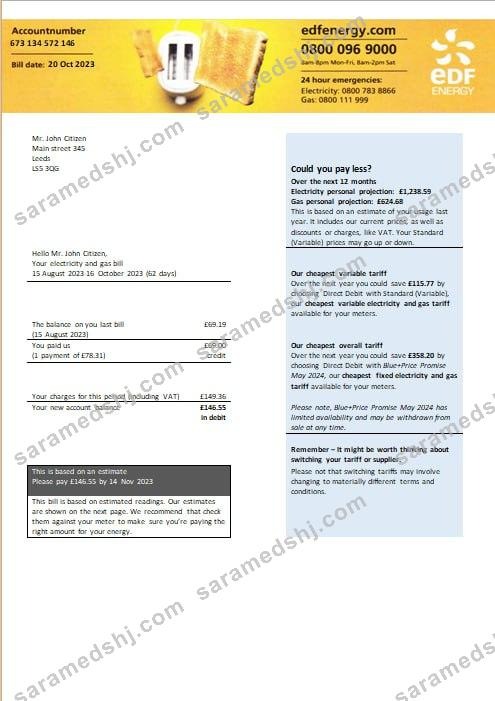 United Kingdom EDF Energy electricity and gas utility bill Word and PDF formats